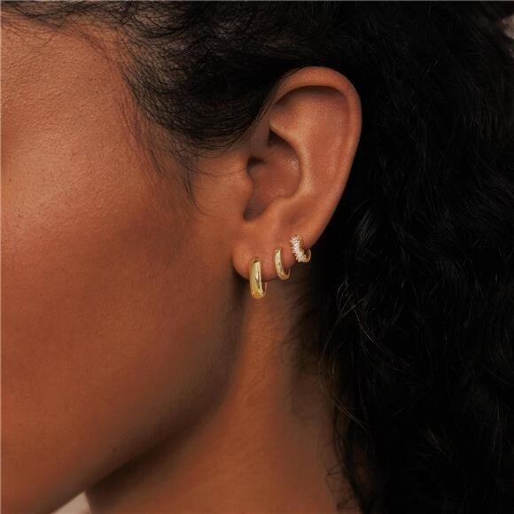 Gold Hoop Huggie Earrings Set | 3 Sizes Chunky Fashion Hoops - Picture 2 of 5